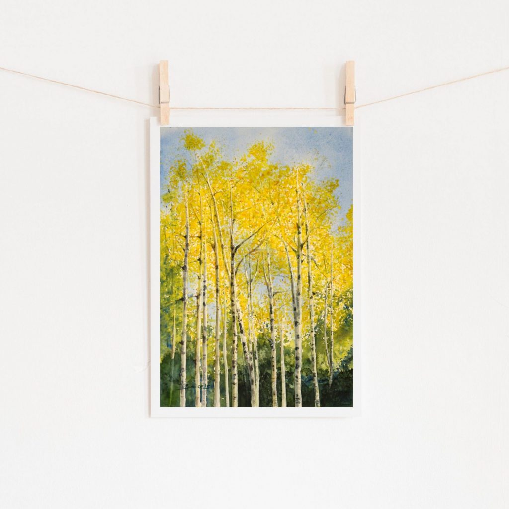 ASPEN-APROACHING-THE-AUTUMN- Watercolour landscape painting by Maria Balcells.