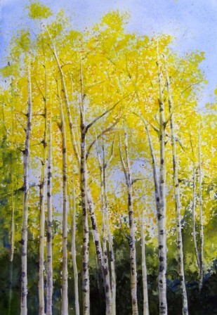 Watercolour step-by-step tutorial: Aspen approaching the autumn. Step 7